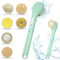 Electric Body Brush exfoliating Shower Brush Long Handle Shower Gel applicator Back Silicone Body Brush with 6 Shower Brush Heads Mens and Womens Gifts (Light Green)