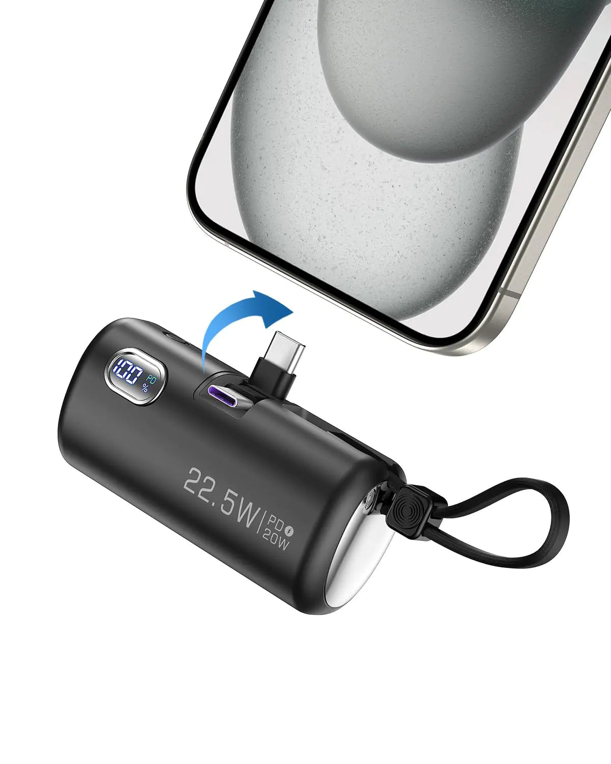 Mini Power Bank with Built-in Foldable USB-C Connector 5000mAh Small Portable Charger with Built in Cable 22.5W Fast Charging Battery Pack for iPhone15/14/13/12/11/Samsung/Huawei/iPad and More.