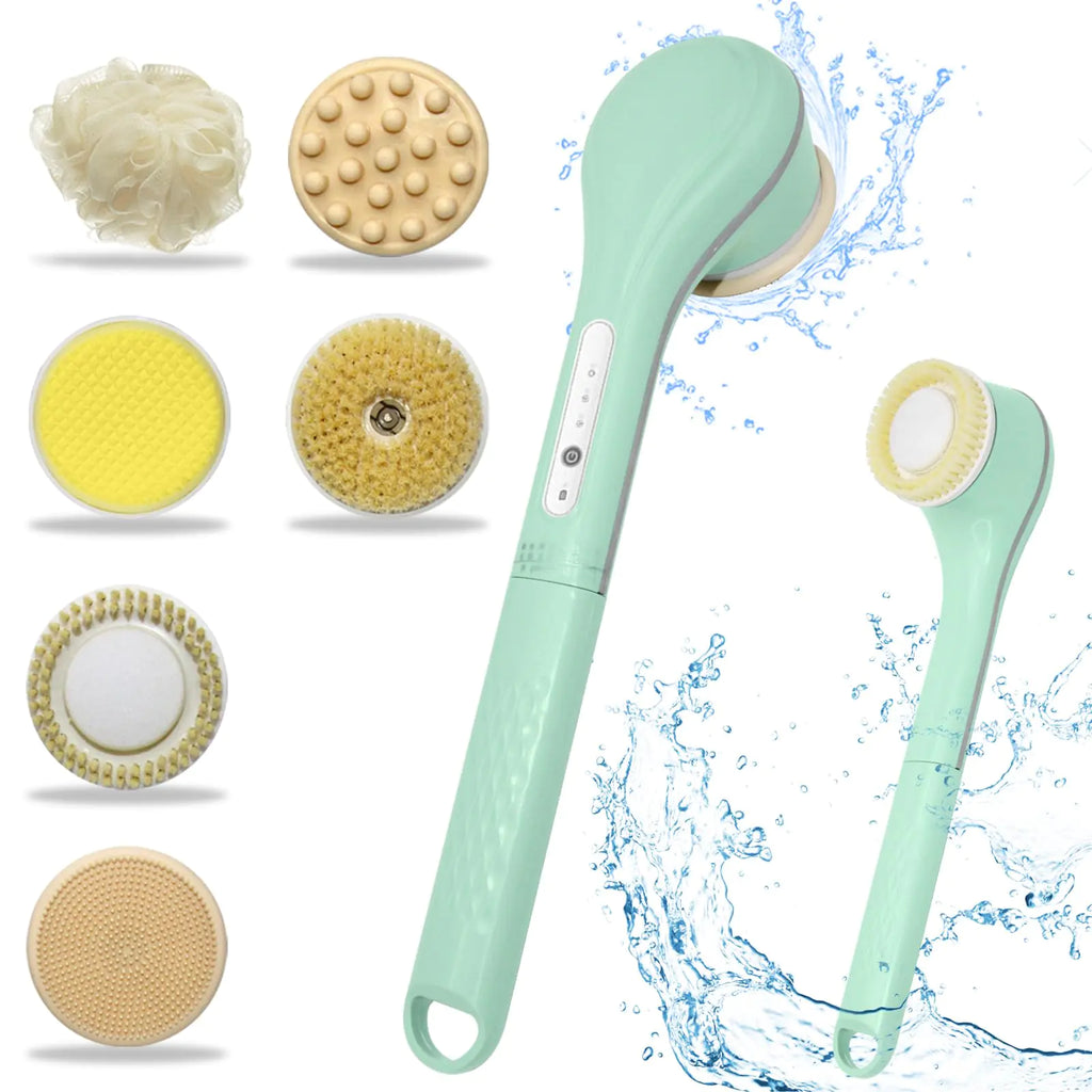Electric Body Brush exfoliating Shower Brush Long Handle Shower Gel applicator Back Silicone Body Brush with 6 Shower Brush Heads Mens and Womens Gifts (Light Green)